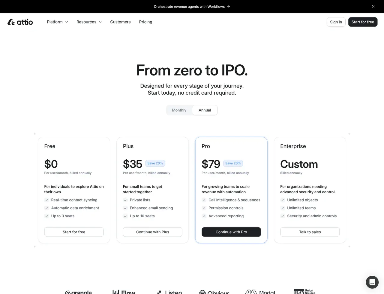 Attio pricing page, the page the prices we record were read from. Currency shown depends on the visitor's region