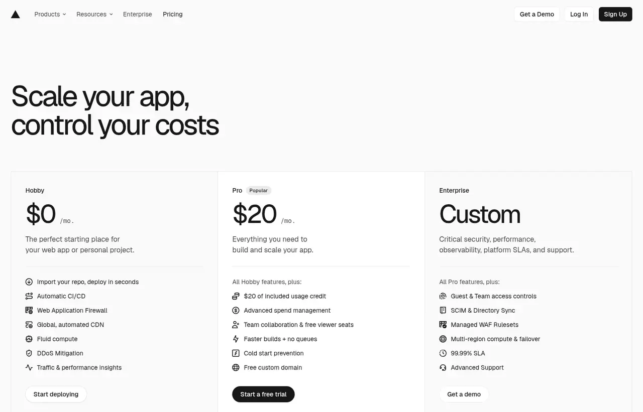 Vercel pricing page, the page the prices we record were read from. Currency shown depends on the visitor's region