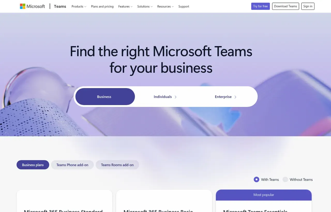Microsoft Teams pricing page, the page the prices we record were read from. Currency shown depends on the visitor's region