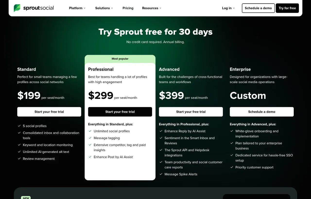 Sprout Social pricing page, the page the prices we record were read from. Currency shown depends on the visitor's region
