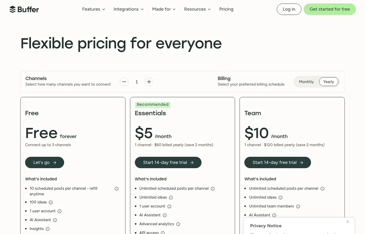Buffer pricing page, the page the prices we record were read from. Currency shown depends on the visitor's region