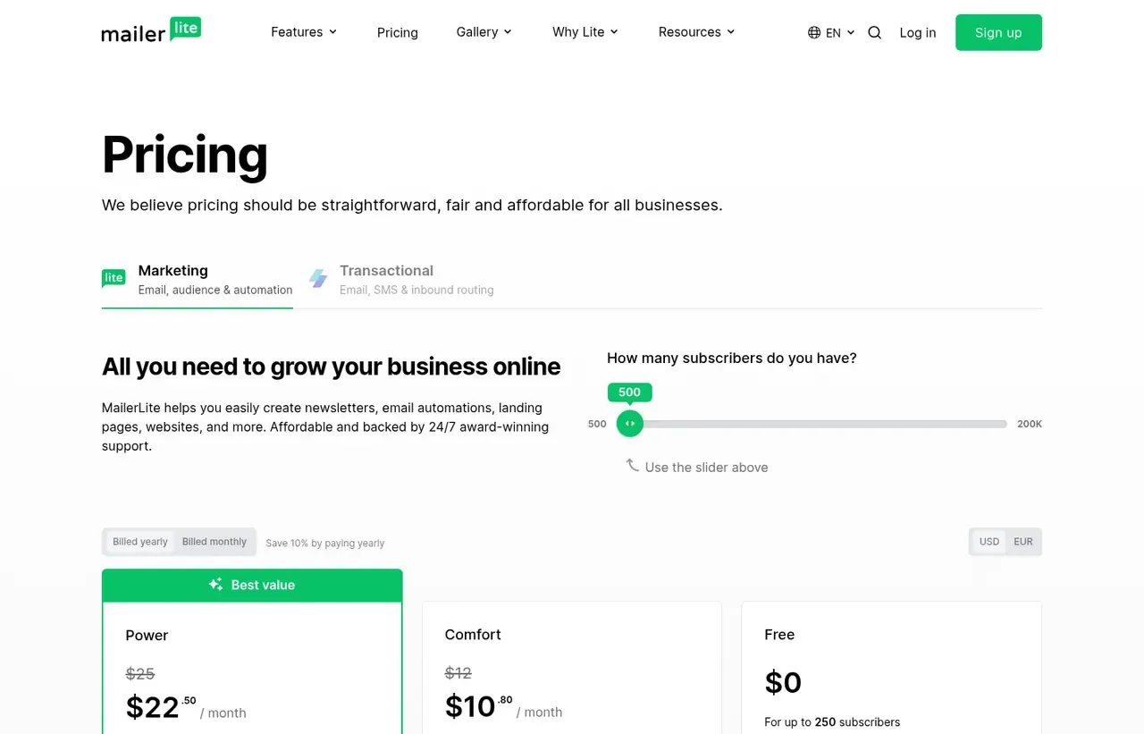 MailerLite pricing page, the page the prices we record were read from. Currency shown depends on the visitor's region