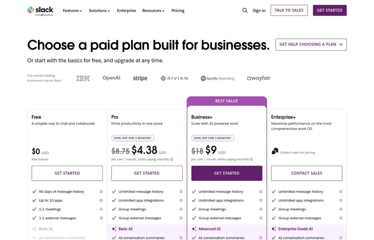 Slack pricing page, the page the prices we record were read from. Currency shown depends on the visitor's region
