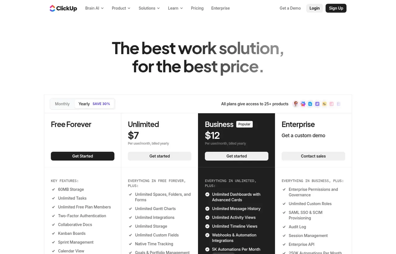 ClickUp pricing page, the page the prices we record were read from. Currency shown depends on the visitor's region