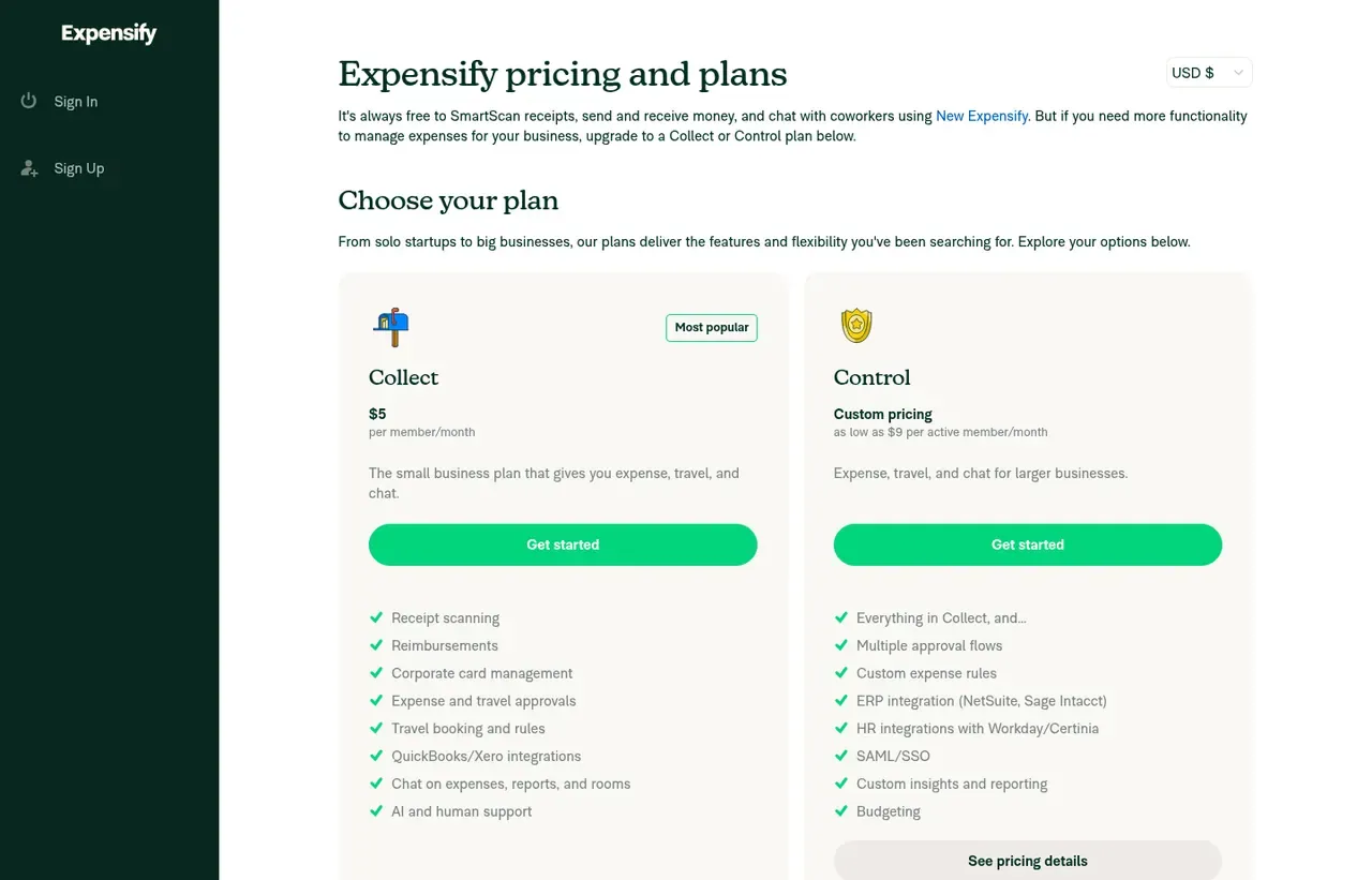 Expensify pricing page, the page the prices we record were read from. Currency shown depends on the visitor's region