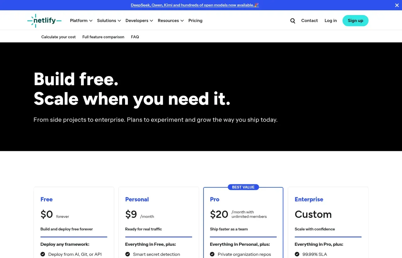 Netlify pricing page, the page the prices we record were read from. Currency shown depends on the visitor's region