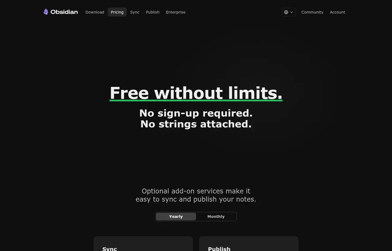 Obsidian pricing page, the page the prices we record were read from. Currency shown depends on the visitor's region