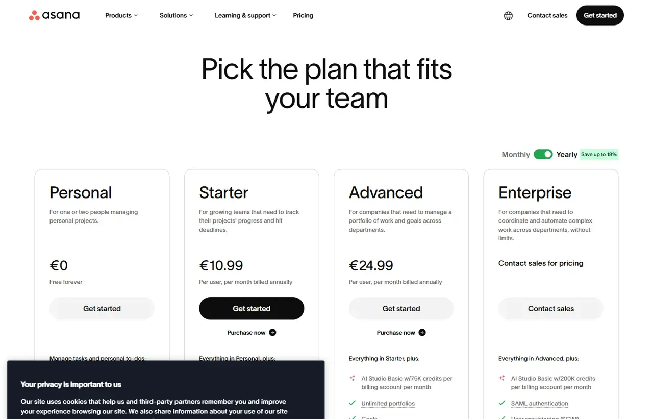 Asana pricing page, the source of the prices recorded on this profile. Currency shown depends on the visitor's region
