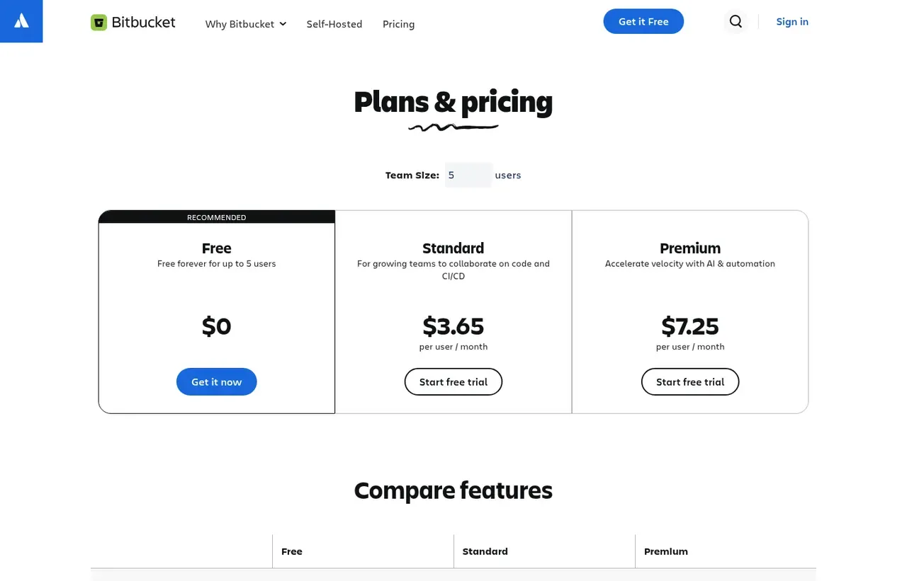 Bitbucket pricing page, the page the prices we record were read from. Currency shown depends on the visitor's region