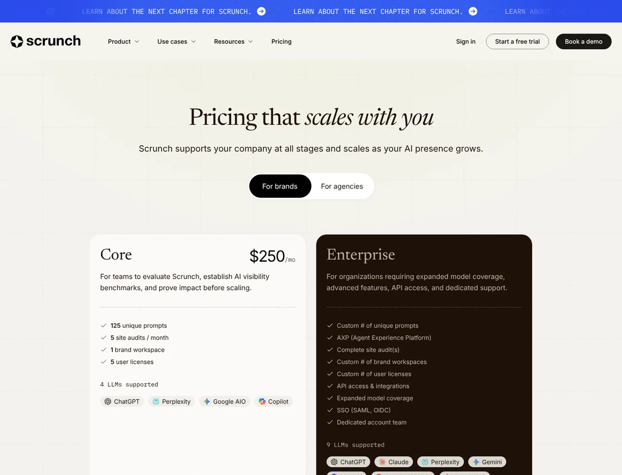 Scrunch pricing page, showing the published plans and prices recorded on this page