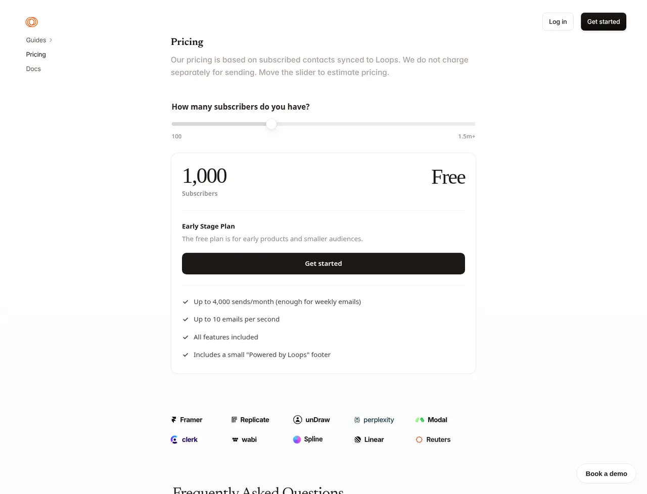 Loops pricing page, showing the published plans and prices recorded on this page