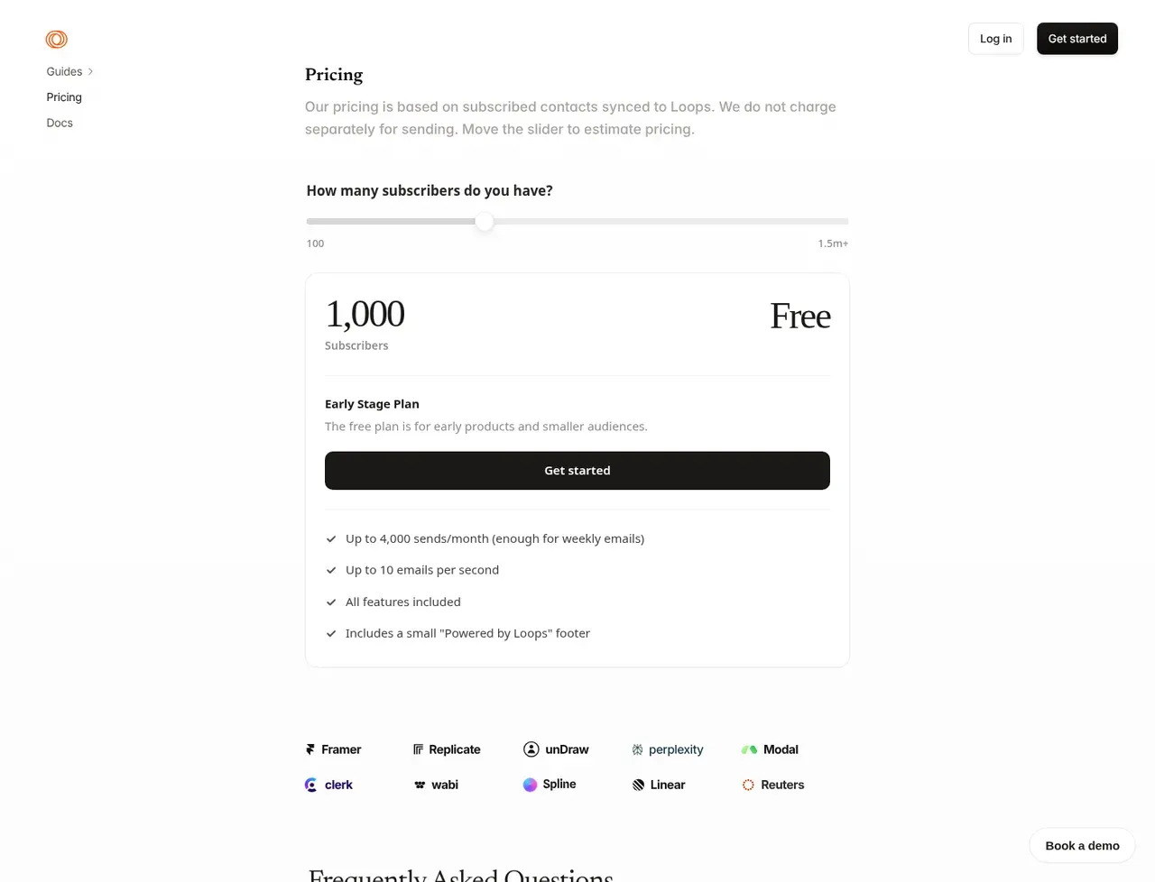 Loops pricing page, the page the prices we record were read from. Currency shown depends on the visitor's region