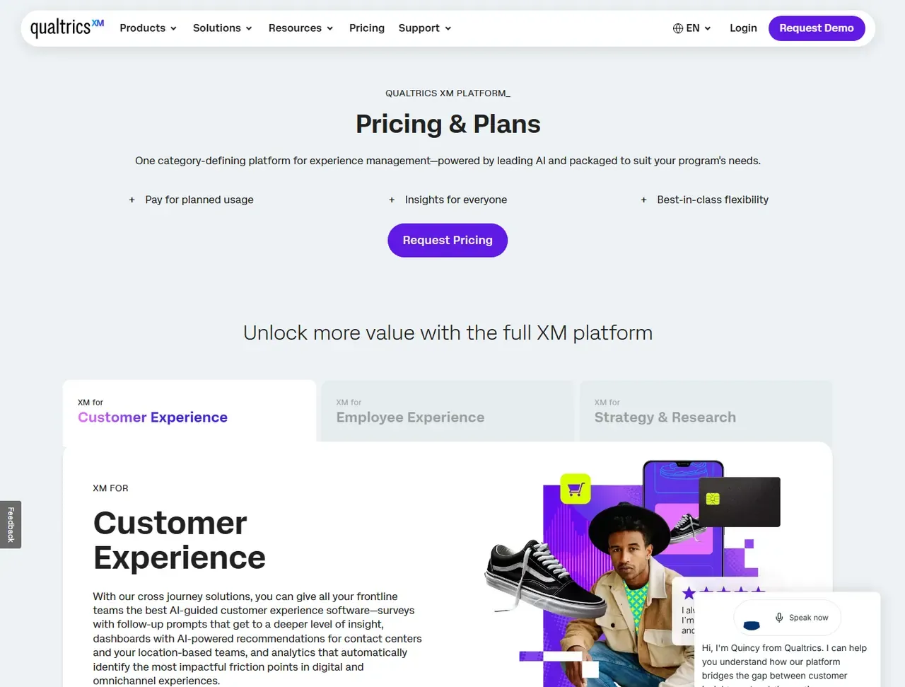 Qualtrics pricing page, which publishes no prices and asks for your details instead