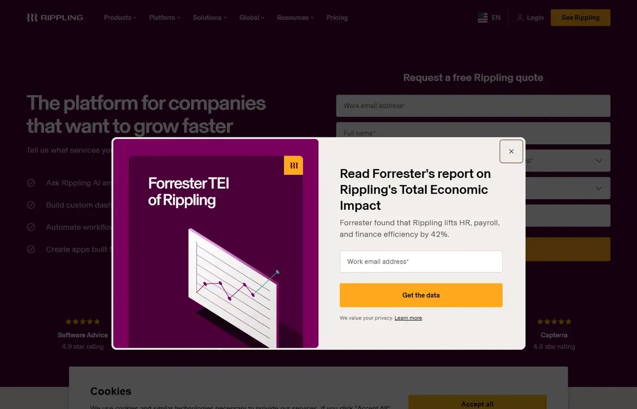 Rippling pricing page, which publishes no prices and asks for your details instead