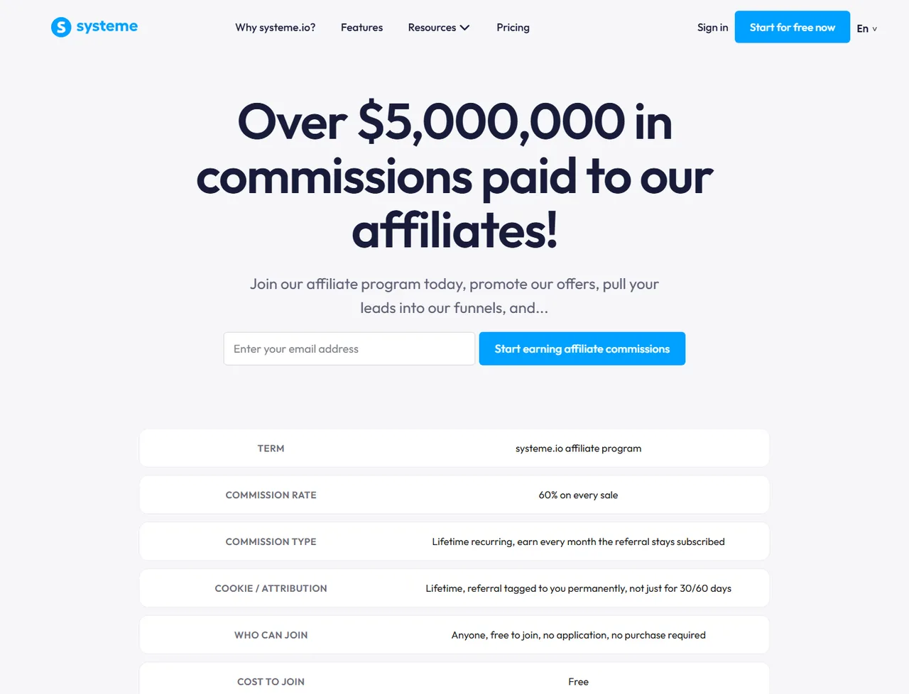 Systeme.io affiliate page: 60% on every sale, Lifetime recurring, Lifetime cookie attribution