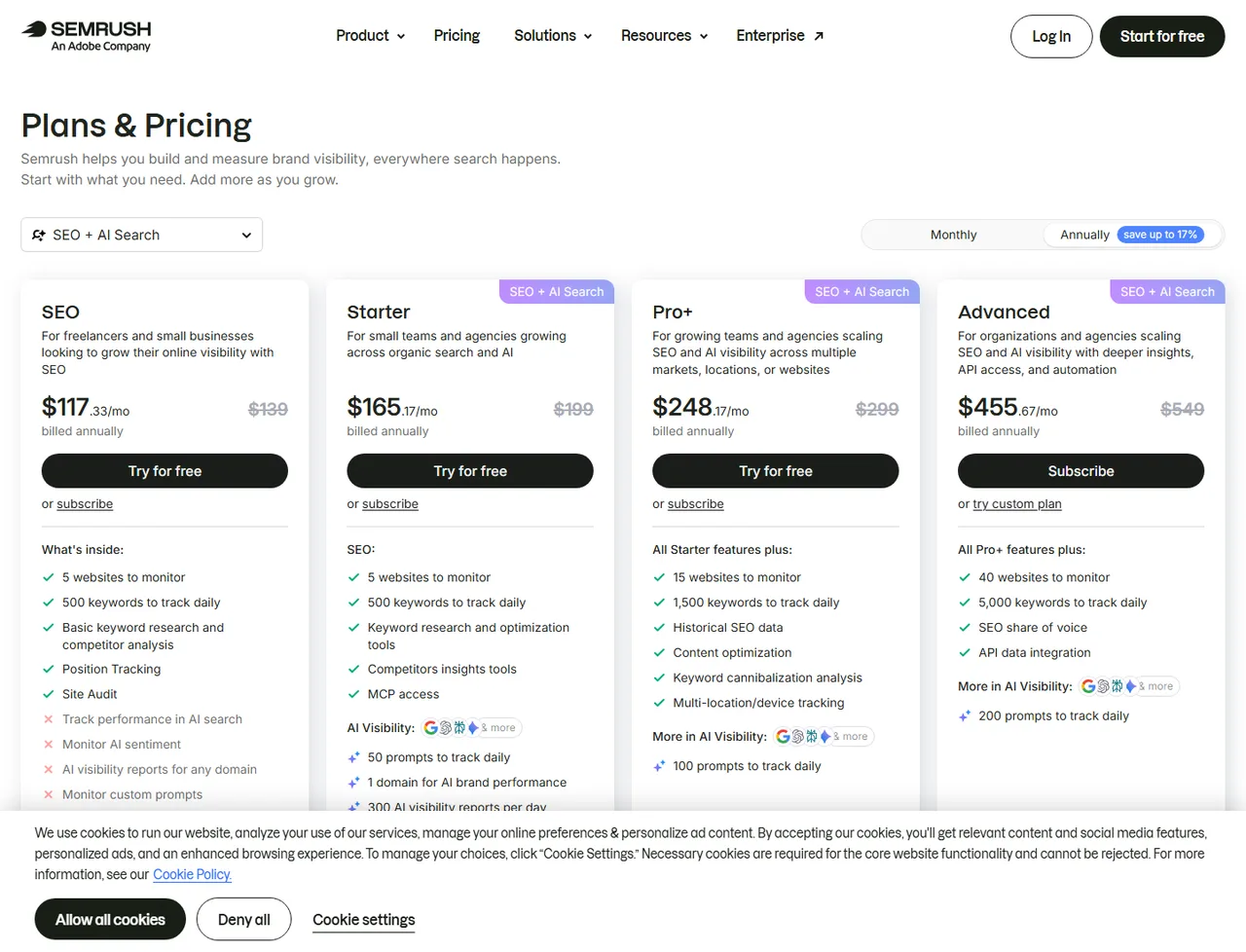 Semrush pricing page: Monthly/Annually toggle top right with 'save up to 17%', SEO plan at $117.33/mo billed annually, strikethrough $139 marketing price