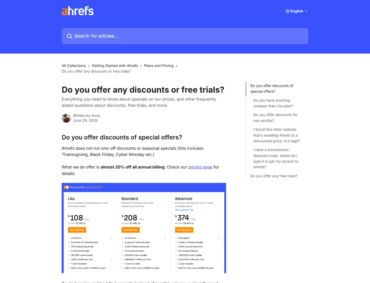 Ahrefs help centre article titled 'Do you offer any discounts or free trials?', with sidebar listing 'Do you offer any free trials?' as its own FAQ topic